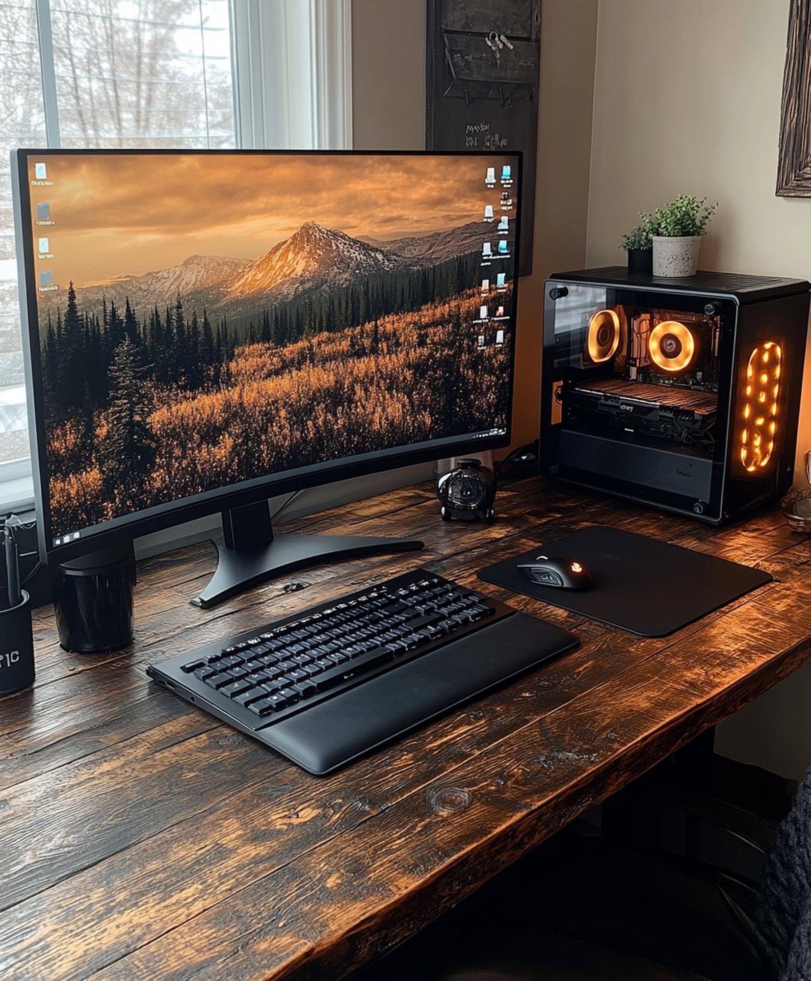 Cozy gaming setup with monitor and keyboard