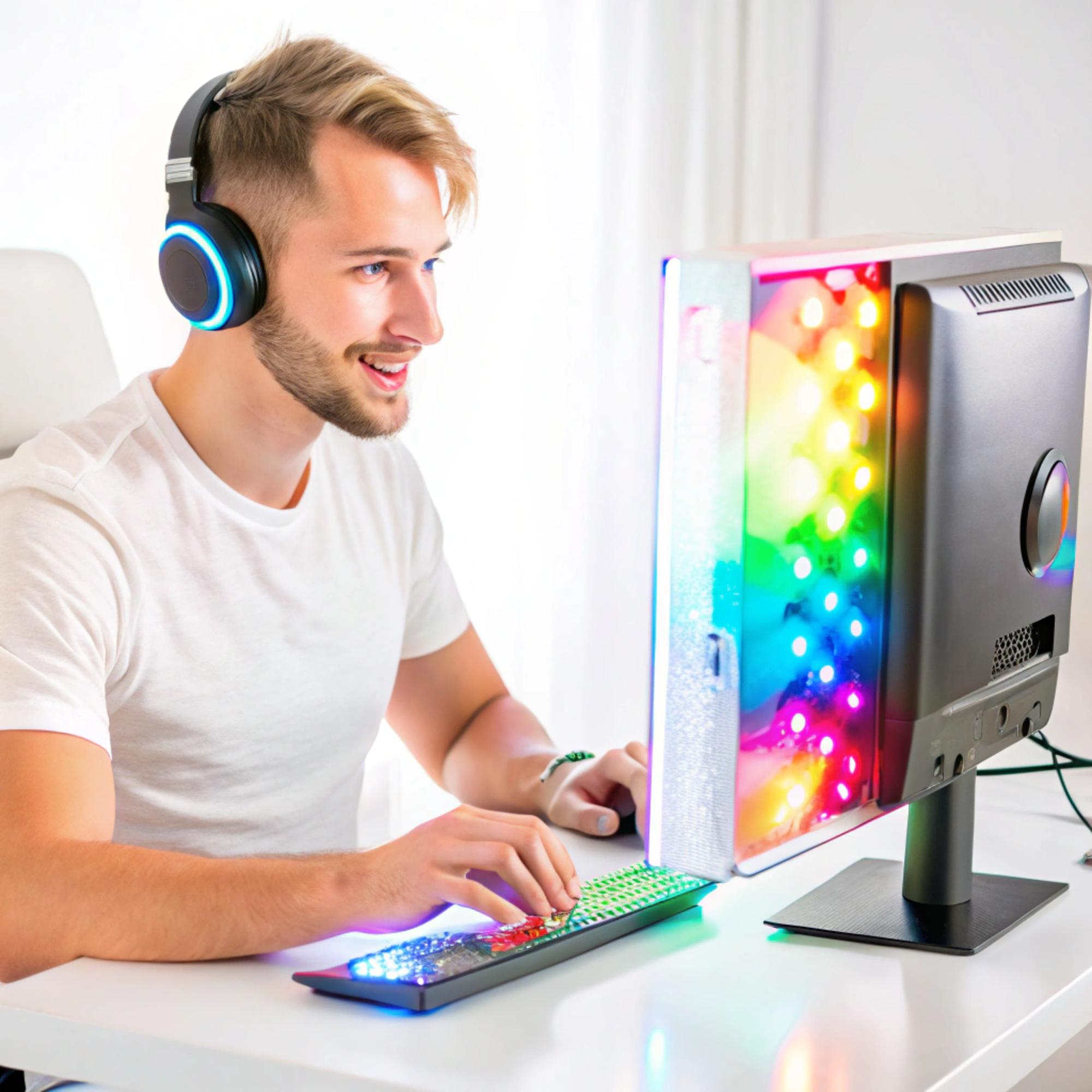 Gamer at desk with PC and RGB lighting